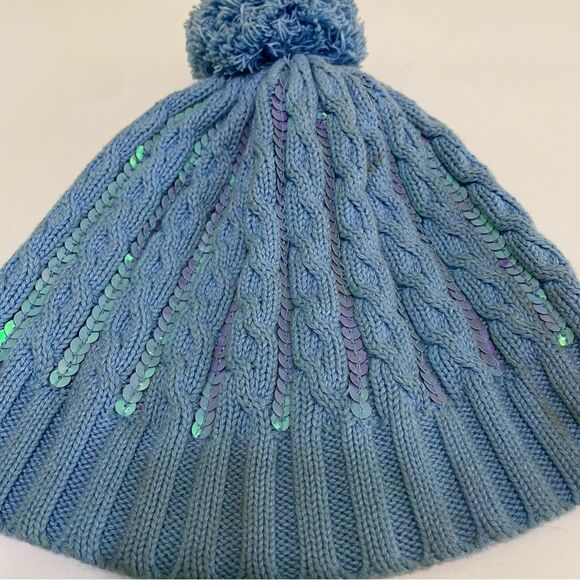 Children’s Place Cotton Cable Knit Winter Hat Blue Sequins Pom Girls Size 7-8 - Picture 6 of 10